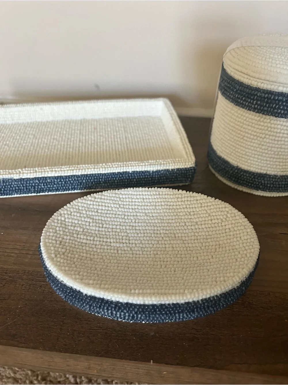 Handwoven Cream and Navy Bath Vanity Tray Set -